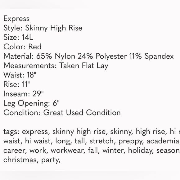Express Red Skinny High Rise 14L Trouser Pants Fall Winter Holiday - Picture 13 of 13